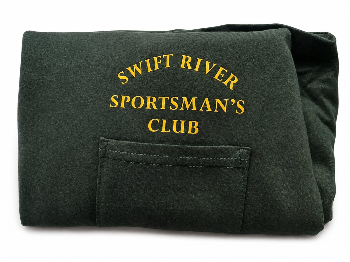 Swift River Sportsman's Club embroidered pocket sweatshirt — custom work by Ravage Designs
