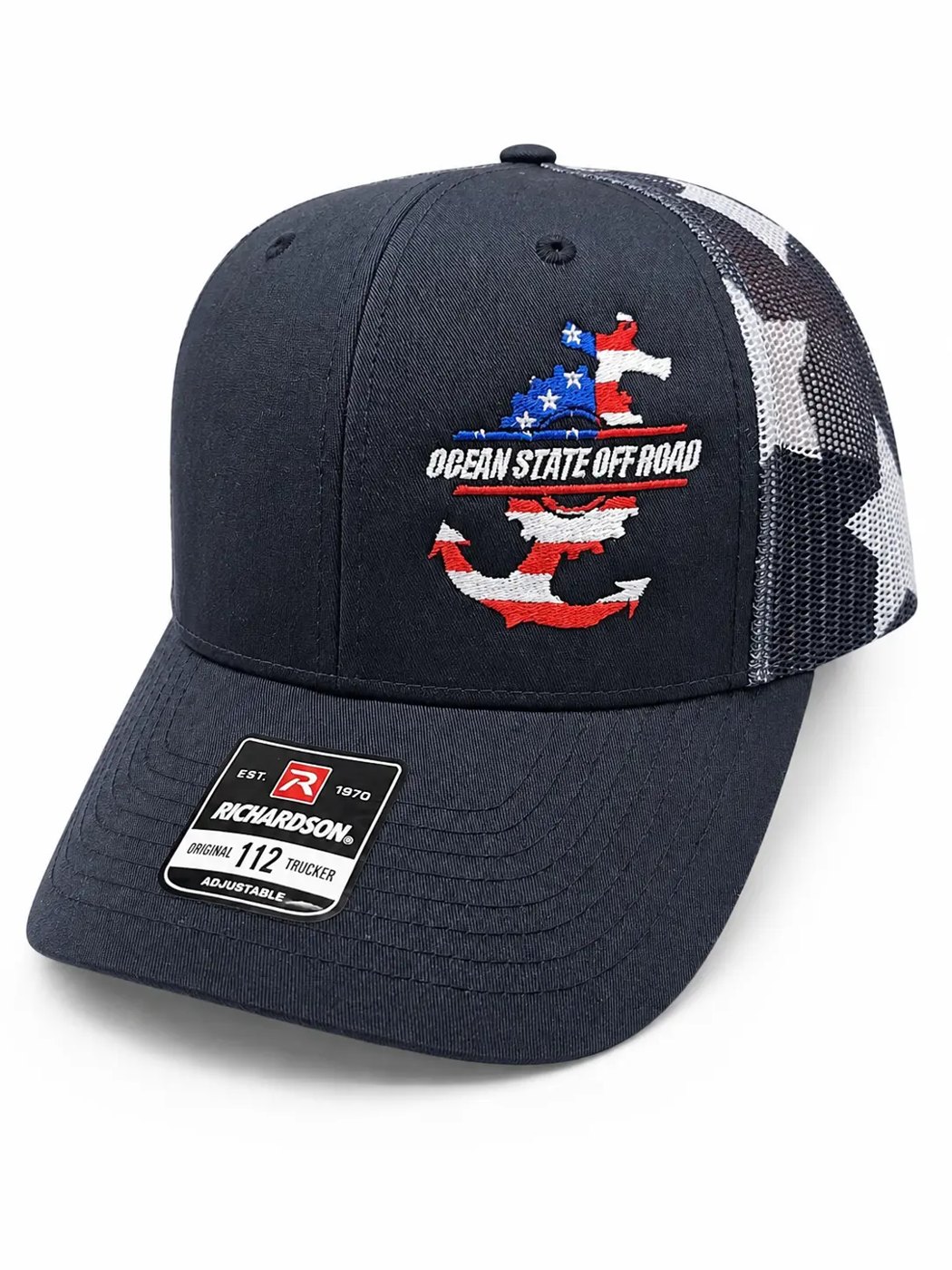 Ocean State Off Road embroidered trucker hat — custom work by Ravage Designs