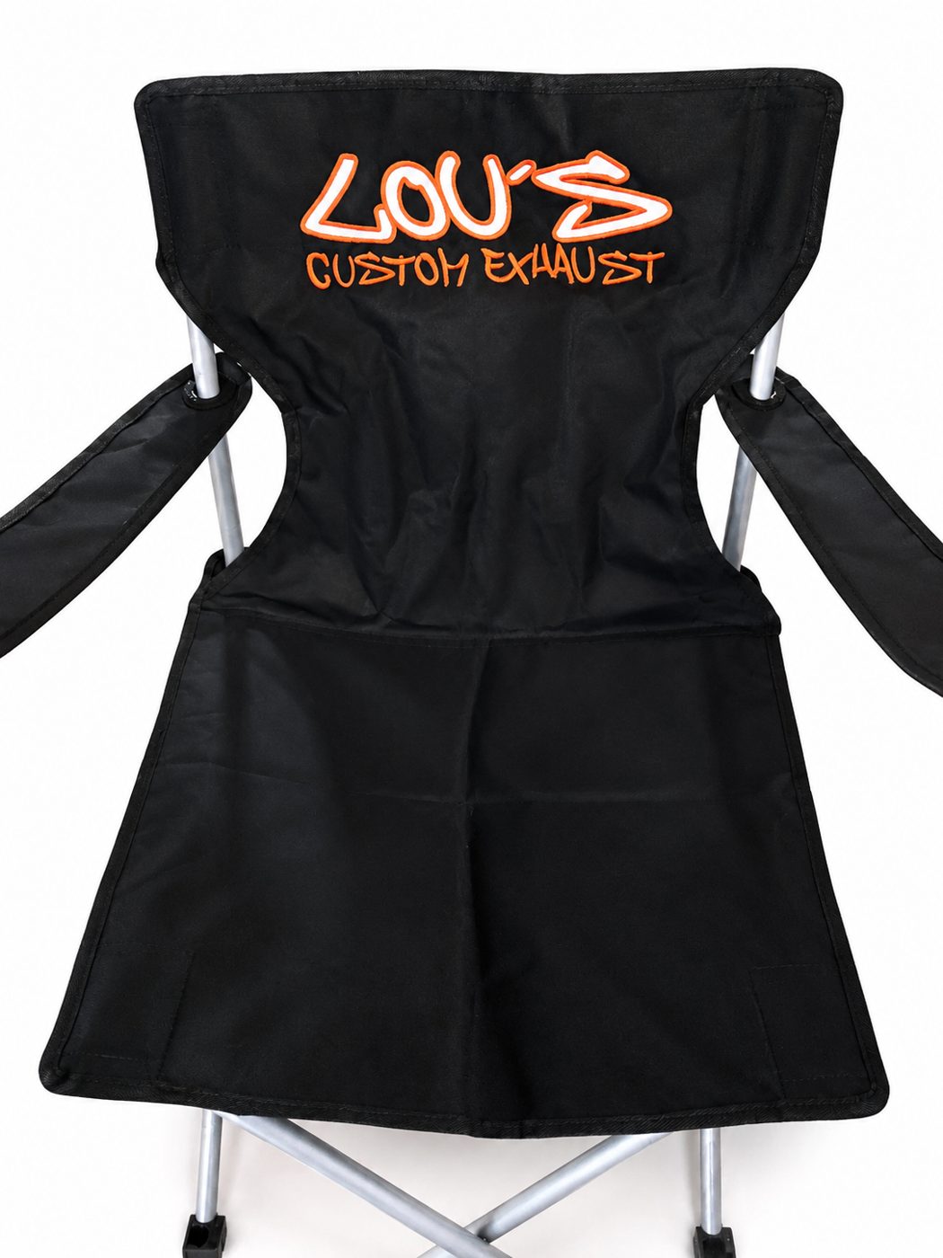 Lou's Custom Exhaust embroidered folding chair — custom work by Ravage Designs
