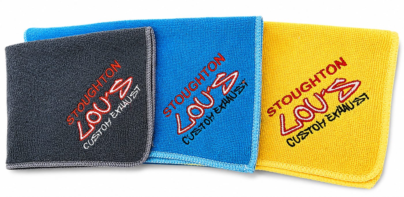 Lou's Custom Exhaust embroidered microfiber towels — custom work by Ravage Designs