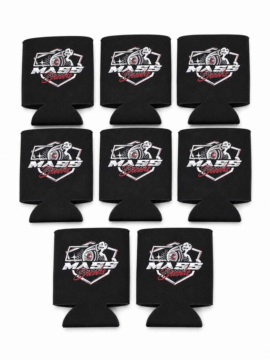 Mass Diesels printed can koozies — custom work by Ravage Designs