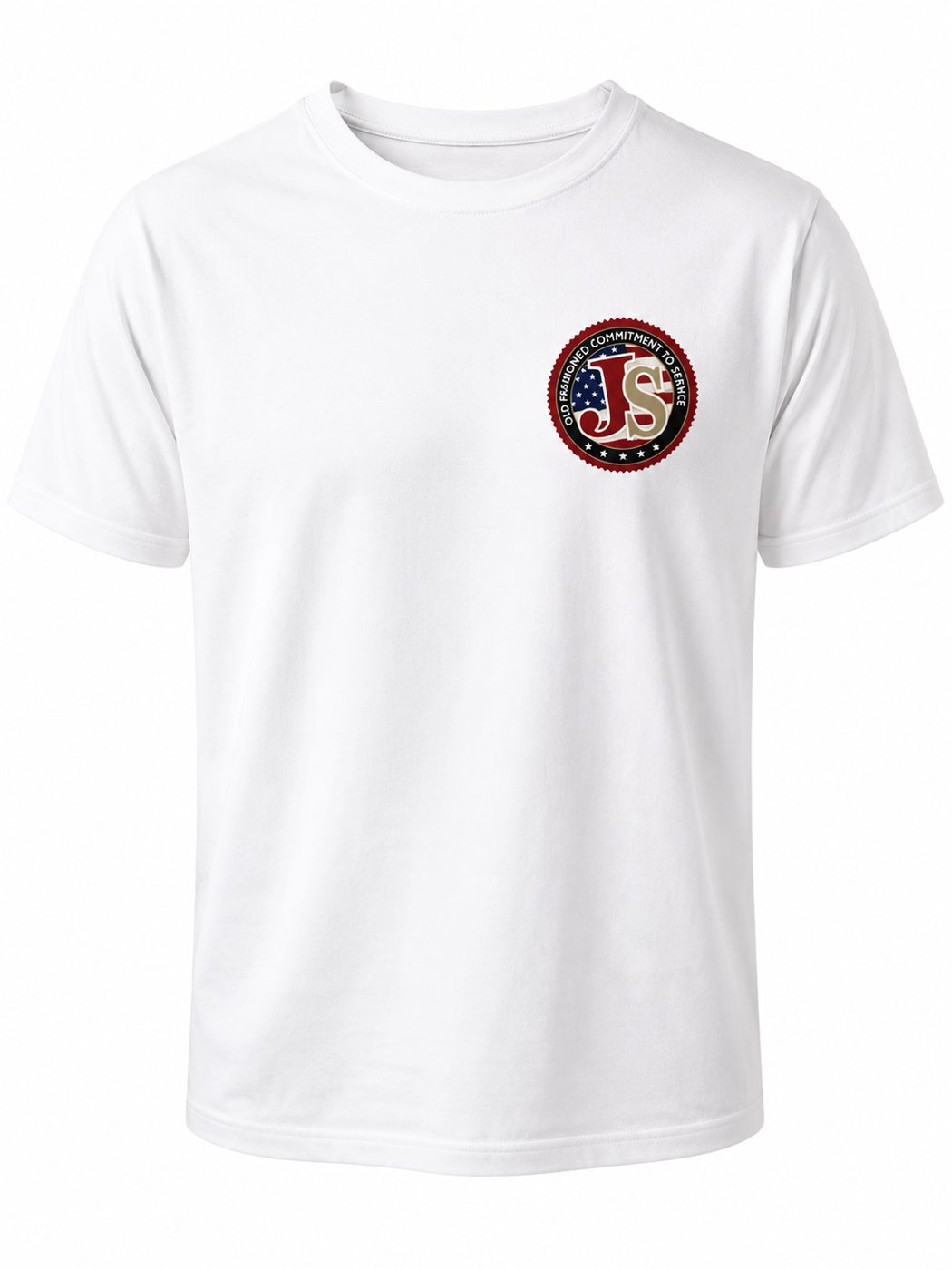 J. Stolar Insurance tee — left-chest crest print — custom work by Ravage Designs