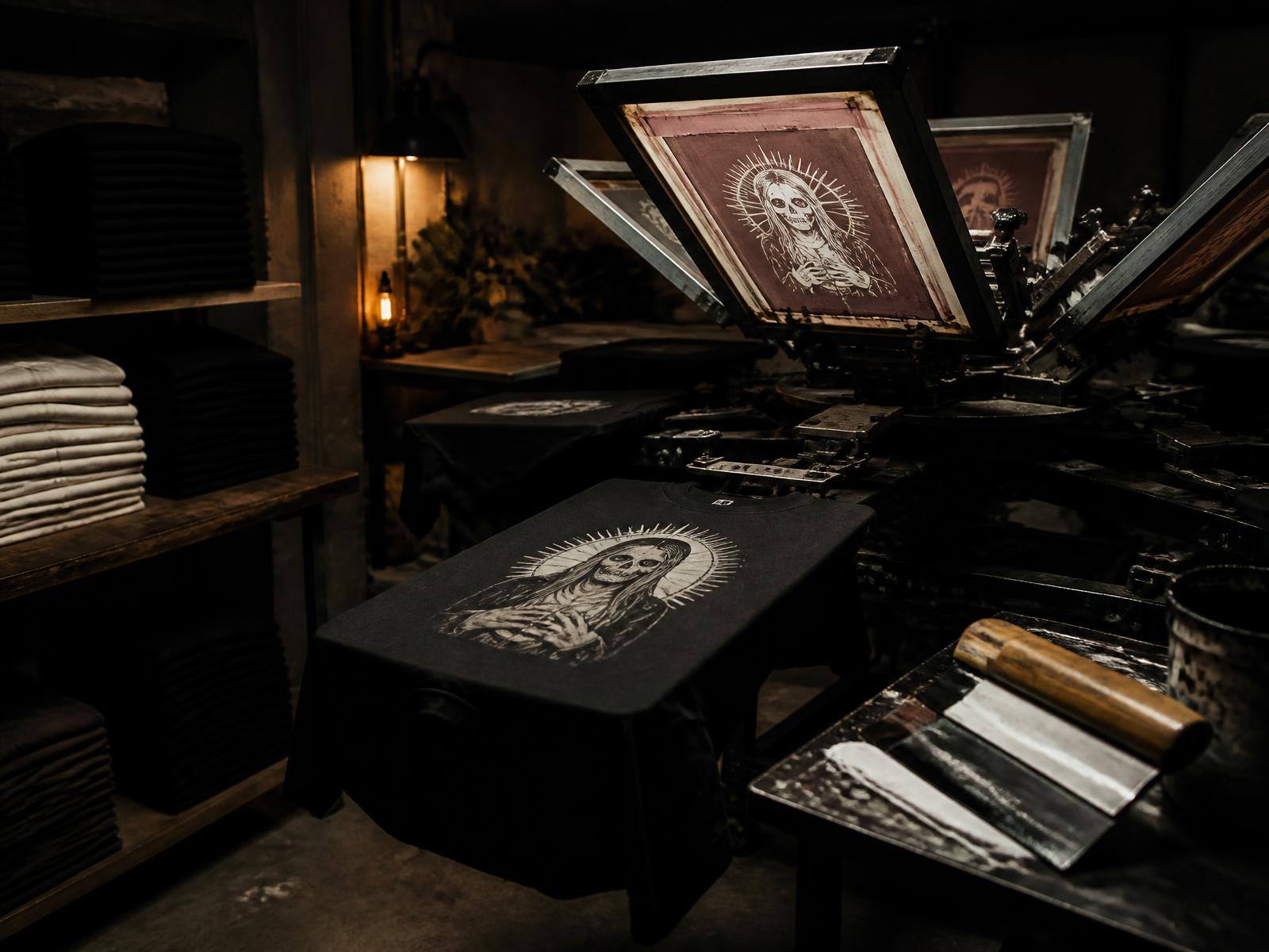 Screen printing press running hooded sweatshirts