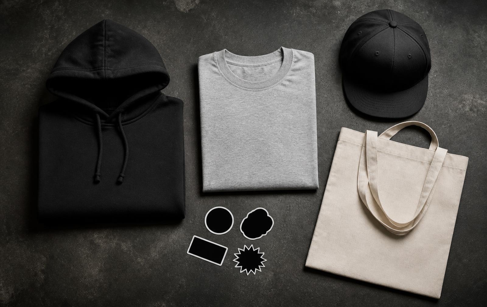 Flat lay of blank hoodie, t-shirt, cap, tote bag and stickers ready for custom printing
